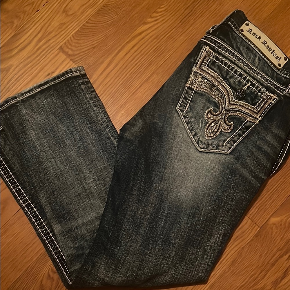 Rock Revival Blue Boot Cut Jeans with Decorative Stitching